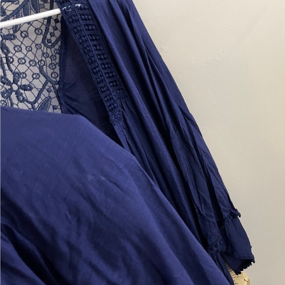 ONE WORLD Navy Crochet Trim Flowy Kimono Boho Bohemian Chic Workwear Comfy - Picture 8 of 8